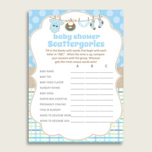 Scattergories Baby Douche Kleding Thema, Blauw Beige Scattergories Spel Afdrukbaar, Jongen Baby Douche Leuke Activiteit, Pasgeboren Wasserij bc001