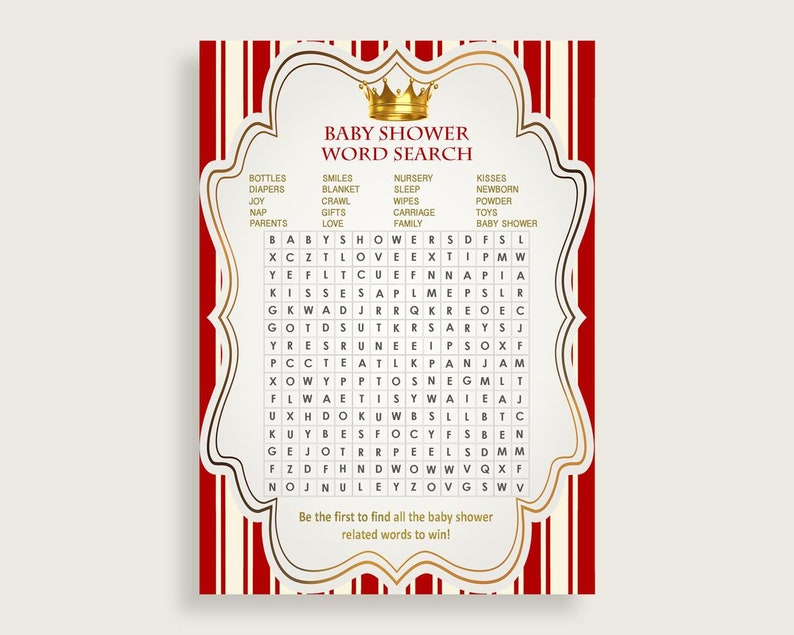 Word Search Baby Shower Word Search Prince Baby Shower Word Search Red Gold Baby Shower Prince Word Search party supplies printable 92EDX image 1
