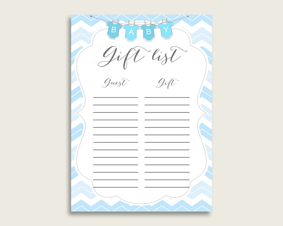 Chevron Baby Shower Gift List, Blue White Gift List Printable, Boy Baby