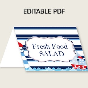 Nautical Folded Food Tent Cards Printable, Blue Red Editable Pdf Buffet Labels, Boy Baby Shower Food Place Cards, Instant Download, DHTQT