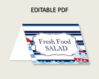Nautical Folded Food Tent Cards Printable, Blue Red Editable Pdf Buffet Labels, Boy Baby Shower Food Place Cards, Instant Download, DHTQT