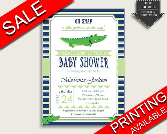 Alligator Baby Shower Invitations Printable, Digital Or Printed Invitation Baby Shower Boy, Editable Invitation Blue Green Cute ap002 Il_570xn