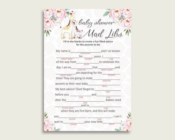 Pink Yellow Mad Libs Baby Shower Girl Game Printable, Giraffe Mad Libs Fun Activity, DIY digital file, Madagascar Africa Wildlife sa001 Il_570xn