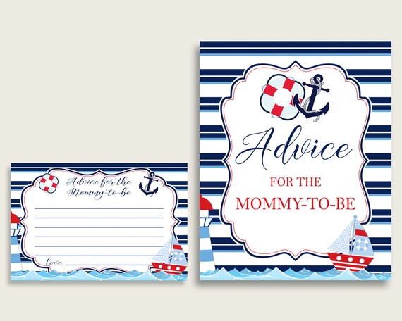 Nautical Advice For Mommy To Be Cards & Sign, Printable Baby Shower Blue Red Advice For New Parents, Instant Download, Sailboat Anchor DHTQT Il_570xn