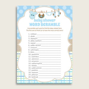 Boy Baby Shower Word Scramble Game Printable, Cute Clothes Blue Beige Word Scramble, Funny Activity, Instant Download, Popular Most bc001