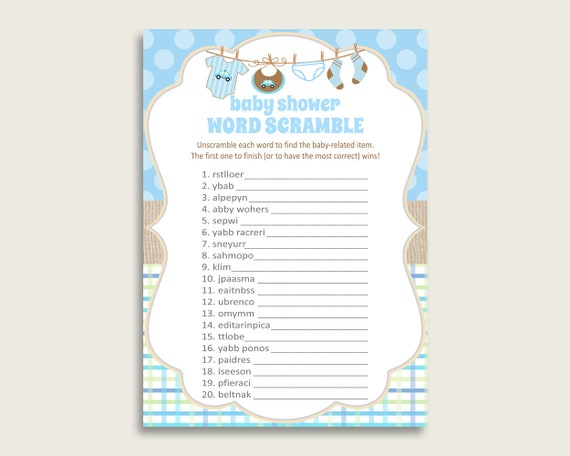 Boy Baby Shower Word Scramble Game Printable, Cute Clothes Blue Beige Word Scramble, Funny Activity, Instant Download, Popular Most bc001 Il_570xn