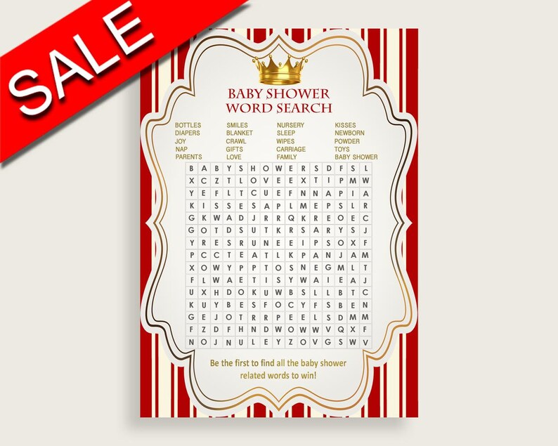 Word Search Baby Shower Word Search Prince Baby Shower Word Search Red Gold Baby Shower Prince Word Search party supplies printable 92EDX image 2