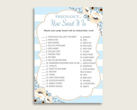 Blue White Pregnancy How Sweet It Is Game, Stripes Baby Shower Boy, Printable Candy Bar Match Game, Instant Download, Striped Flowers bs002 Il_570xn