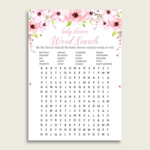 Flower Blush woordzoekspel, roze groene baby shower woordzoekkaarten afdrukbaar, meisje baby shower activiteiten, verborgen woorden, instant VH1KL