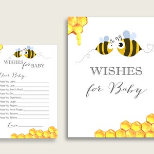 Yellow White Wishes For Baby Cards & Sign, Bee Baby Shower Gender Neutral Well Wishes Game Printable, Instant Download, Bumble Bee bee01