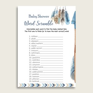 Boy Baby Shower Word Scramble Game Printable, Cute Tribal Arrows Blue Beige Word Scramble, Funny Activity, Instant Download, QAQ18