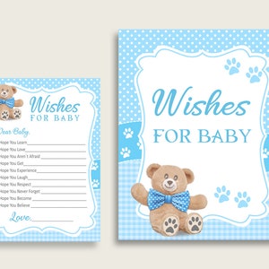 Azul marrón deseos para tarjetas de bebé y signo, oso de peluche bebé ducha niño buenos deseos juego imprimible, descarga instantánea, tema popular Mr tb001