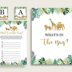 Jungle Baby Shower What&#39;s In The Bag Game, Gold Green Gender Neutral Bag Game Printable, Instant Download, Gold Animals Cute Animals EJRED