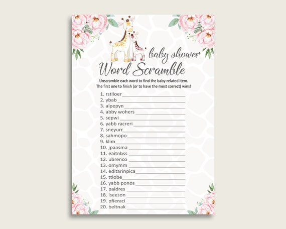 Girl Baby Shower Word Scramble Game Printable, Cute Giraffe Pink Yellow Word Scramble, Funny Activity, Instant Download, Madagascar sa001 Il_570xn