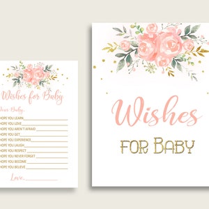 Rosa Gold Wünsche für Baby Karten & Zeichen, Pfirsich Blumen Babyparty Mädchen gut Wünsche Spiel druckbare, Sofort Download, Wasserfarbe Blume 1W00B