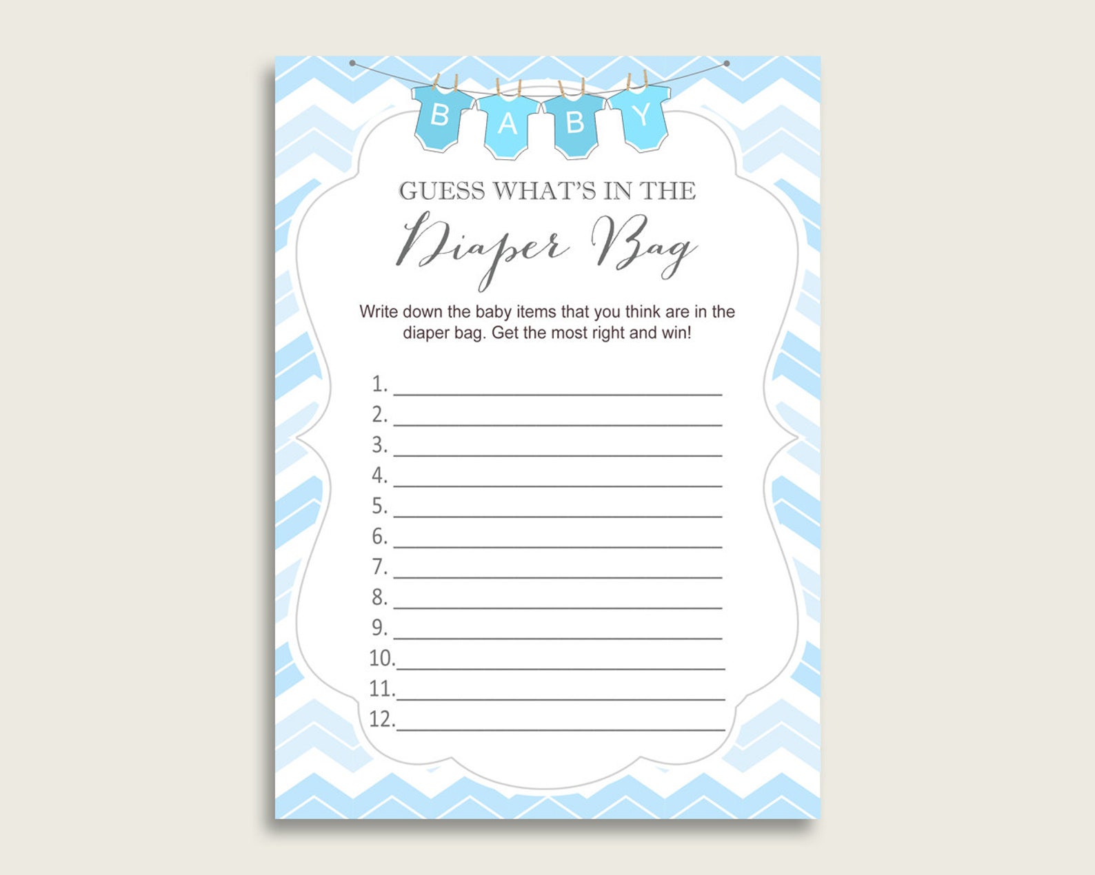 Chevron Guess What's in the Diaper Bag Game, Boy Baby Shower Blue White