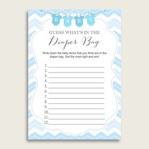 Chevron Guess What&#39;s In The Diaper Bag Game, Boy Baby Shower Blue White Diaper Game Printable, Instant Download, Stripy Lines, cbl01