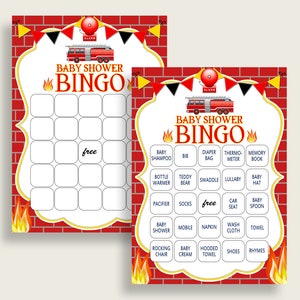 Firetruck Baby Shower Bingo Cards Printable, Red Yellow Baby Shower Boy, 60 Prefilled Bingo Game Cards, Sound The Alarm Fireman LUWX6