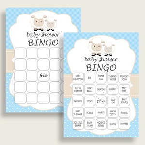 Little Lamb Baby Shower Bingo Kaarten Afdrukbaar, Blauw Wit Baby Douche Jongen, 60 Voorgevulde Bingo Game Cards, Cute Lambie Wool fa001