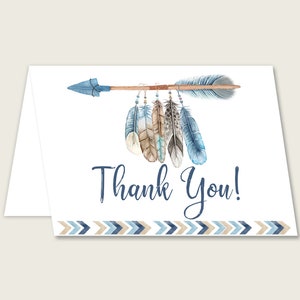 Blauw Beige dank u kaarten afdrukbare, Tribal pijlen baby shower dank u notities, jongen douche dank u gevouwen, Instant Download, QAQ18