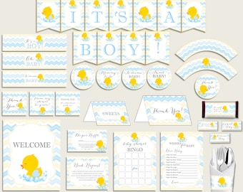 Yellow Blue Baby Shower Decorations Boy Kit, Rubber Duck Baby Shower Party Package Printable, Instant Download, Daisy Duck Baby Duck rd002