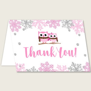 Roze grijze dankkaarten afdrukbaar, winteruil baby shower bedankbriefjes, meisjesdouche dank u gevouwen, instant download, sneeuwuilen owt01