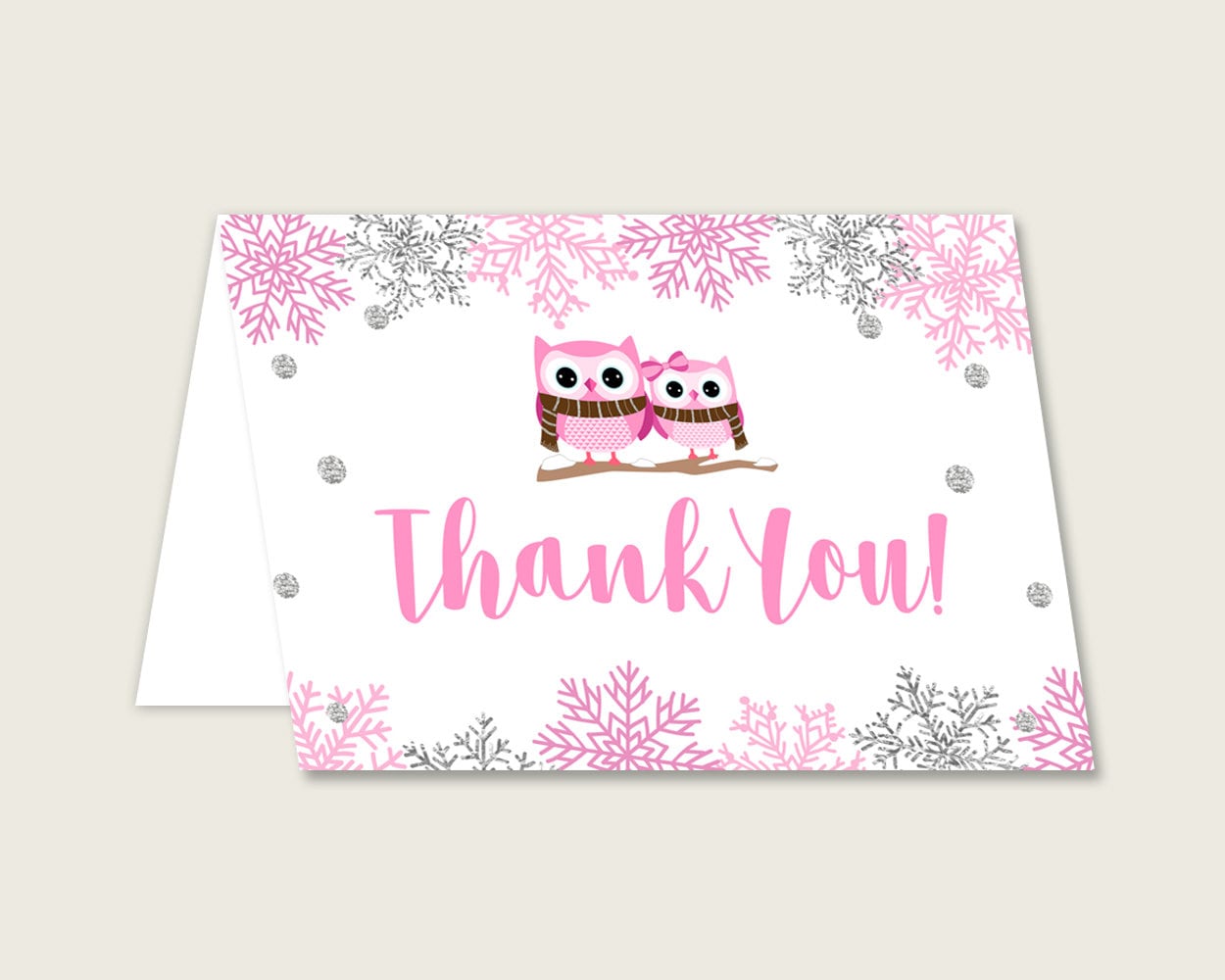 Buy Pink Gray Thank You Cards Printable, Winter Owl Baby Shower Thank ...