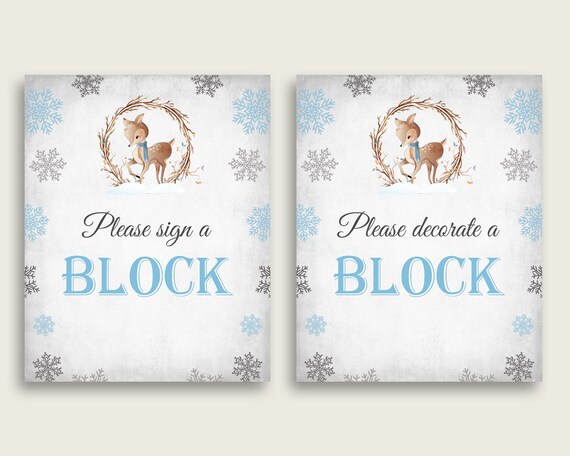 Gray Blue Please Sign A Block Sign and Decorate A Block Sign Printables, Winter Deer Boy Baby Shower Decor, Instant Download, Z20R3 Il_570xn