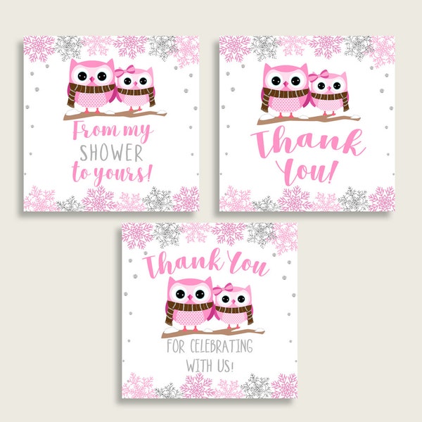 Winter Owl Baby Shower Square Thank You Tags 2 inch Printable, Pink Gray Girl Shower Gift Tags, Hang Tags Labels, Instant Download owt01