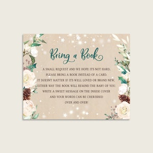 Breng een boek mee in plaats van een kaartinzet afdrukbaar, beige boekverzoek, winter rustieke babyshower genderneutraal, boeken voor baby, 3RBC2