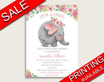May include: Pink and green baby shower invitation with a watercolor illustration of a gray elephant wearing a pink flower crown. The text reads "It's a Girl" and includes the name "Samantha Willson".