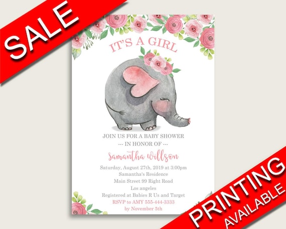 Pink Elephant Baby Shower Invitations Printable Digital Or Printed