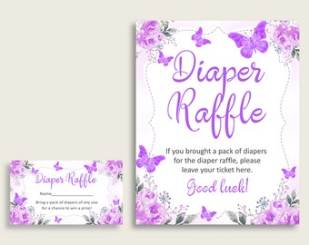 Juego de boletos para la rifa de pañales de baby shower de mariposa, inserto y signo de tarjeta de rifa de pañales blancos y morados para niña imprimible, descarga instantánea 7AANK