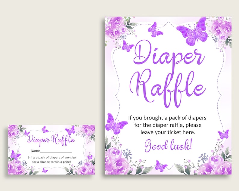 Butterfly Baby Shower Diaper Raffle Tickets Game, Girl Purple White ...