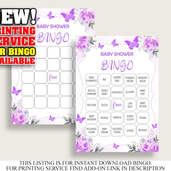 Butterfly Baby Shower Bingo Cards Printable, Purple White Baby Shower Girl, 60 Prefilled Bingo Game Cards, Floral Garden 7AANK