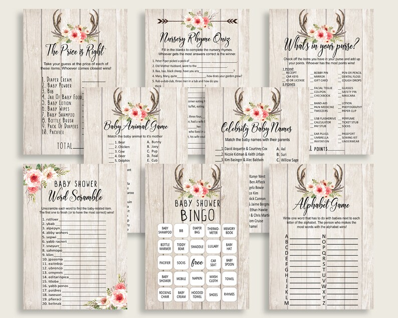 Boho Antlers Baby Shower Games Printable Pack, Beige Pink Baby Shower Games Package Girl, Boho Antlers Games Bundle Set, Instant 9PUAC image 1