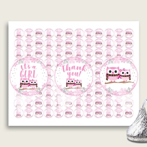 Winter Owl Hershey Kisses Circle Printable, Pink Gray Hershey Kisses Labels Round Digital, Girl Baby Shower, Instant Download, owt01