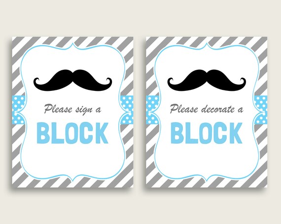 Blue Gray Please Sign A Block Sign and Decorate A Block Sign Printables, Mustache Boy Baby Shower Decor, Instant Download, 9P2QW Il_570xn