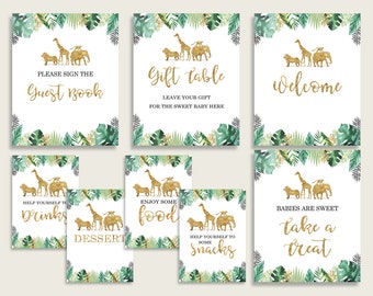 Jungle Baby Shower Género Neutral Table Signs Printable, Oro Verde Party Table Decor, Favors, Comida, Bebida, Treat, Libro de Visitas, Instant EJRED