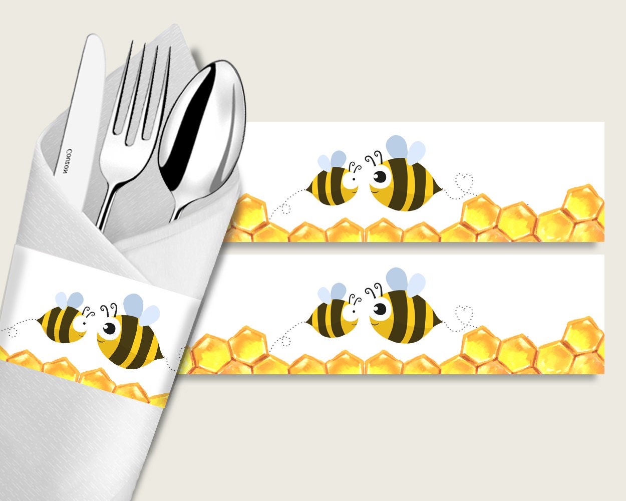 Bee Baby Shower Napkin Rings Printable Yellow White Napkin Wrappers Gender Neutral Shower Utensils Wrap Instant Download