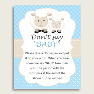 Blue White Don&#39;t Say Baby Printable Game, Boy Baby Shower Little Lamb Game Sign, Instant Download, 8x10, Sheep Had a Little lamb fa001