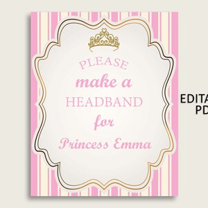 Royal Princess Baby Shower Headband Sign, Pink Gold Headband Station Sign Editable, Girl Shower Headband For Baby, Instant Download, rp002