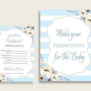 Strisce Carte e segni di previsione del Baby Shower stampabili, Game Boy di previsione del bambino bianco blu, Download istantaneo, Glam elegante a strisce bs002