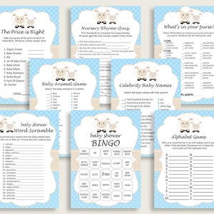 Little Lamb Baby Shower Games Printable Pack, Blue White Baby Shower Games Package Boy, Little Lamb Games Bundle Set, Instant fa001