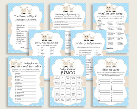 Little Lamb Baby Shower Games Printable Pack, Blue White Baby Shower Games Package Boy, Little Lamb Games Bundle Set, Instant fa001 Il_570xn