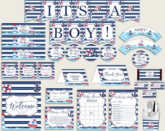 Blue Red Baby Shower Decorations Boy Kit, Nautical Baby Shower Party Package Printable, Instant Download, Navy Blue Sailor Sailboat DHTQT