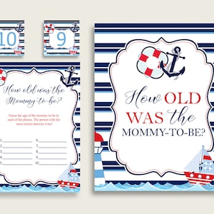 Blue Red How Old Was The Mommy To Be, Boy Baby Shower Game Printable, Nautical Guess Mommy&#39;s Age Game, Instant Download, DHTQT