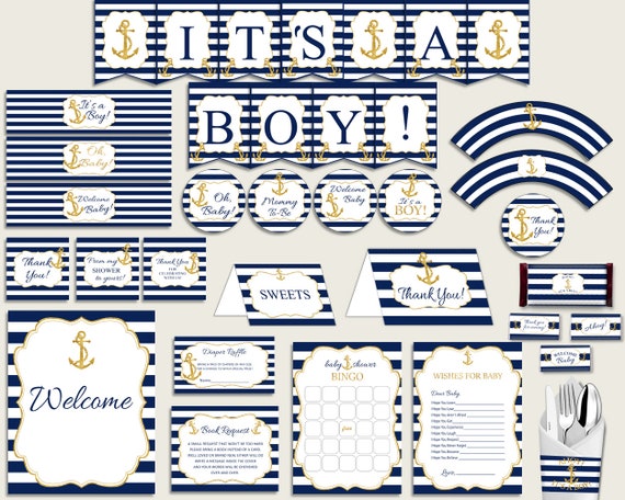 Blue Gold Baby Shower Decorations Boy Kit Anchor Baby Shower Etsy