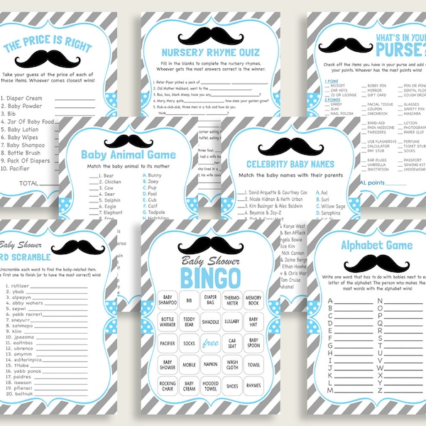 Mustache Baby Shower Games Printable Pack, Blue Gray Baby Shower Games Package Boy, Mustache Games Bundle Set, Instant Download, 9P2QW