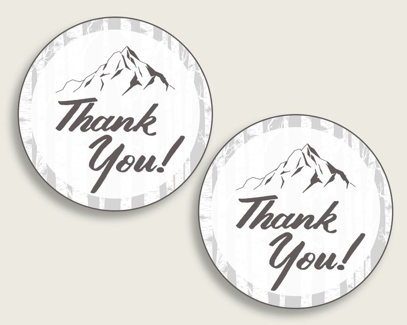 Adventure Mountain Baby Shower Round Thank You Tags 2 inch Printable, Gray White Favor Gift Tags, Boy Shower Hang Tags Labels, Digital S67CJ image 1